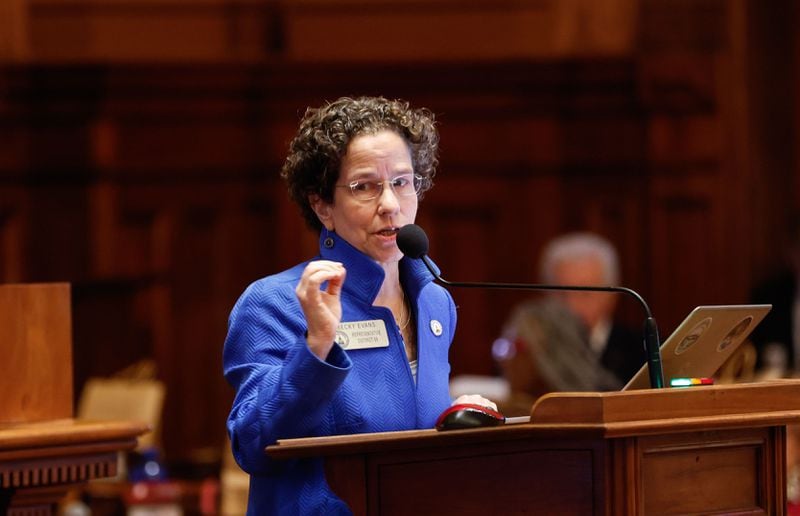 State Rep. Becky Evans, D-Atlanta, speaks in opposition of a school voucher bill at the Capitol on Thursday.