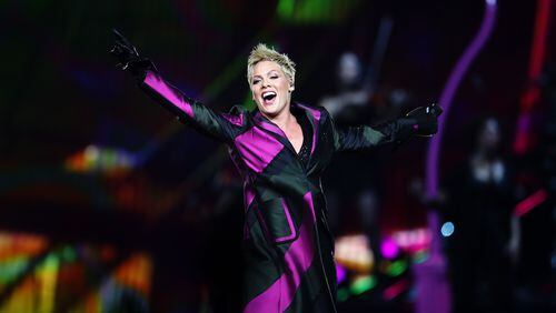 Pink, shown in Australia in 2018, will bring her high-flying show back to Atlanta on March 12, 2019.