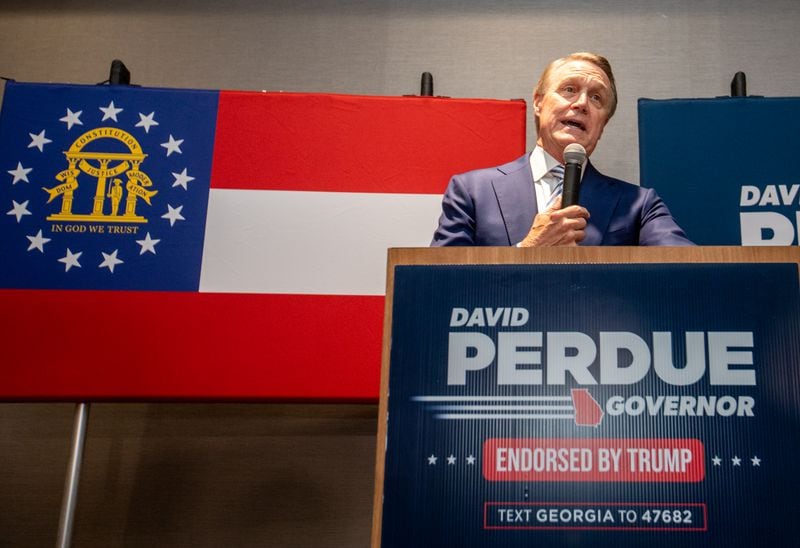 David Perdue concedes the primary Republican Governor’s race to Brian Kemp during his election party on Tuesday, May 24, 2022.  (Jenni Girtman for The Atlanta Journal-Constitution)