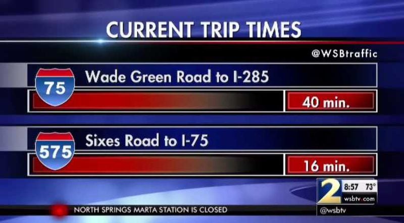 Following a fatal wreck, delays from Wade Green Road to the Perimeter were down to 40 minutes just before 9 a.m. Thursday. (Credit: Channel 2 Action News)
