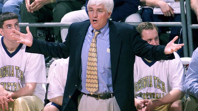 Georgia Tech coach Bobby Cremins gestures to his players during the first half against Florida State Monday, Feb. 21, 2000, in Tallahassee, Fla. It was Cremins' last appearance in Tallahassee as head coach of the Yellow Jackets. He is stepping down at the end of the season. (AP Photo/Phil Coale)