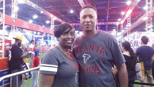 Lanetta and Taylor Thornton came in from Atlanta to share in the Super Bowl spirit. Photo: Melissa Ruggieri/AJC