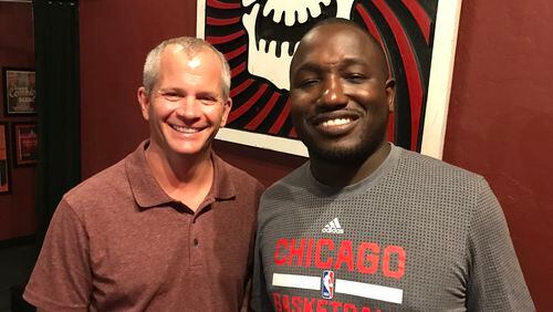 Hannibal Buress after taping his podcast at Laughing Skull with Laughing Skull owner Marshall Chiles. CREDIT: Rodney Ho/rho@ajc.com