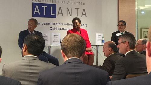 (From left) Atlanta city council president candidates C.T. Martin, Felicia Moore and Alex Wan at last week’s Committee for a Better Atlanta forum.
