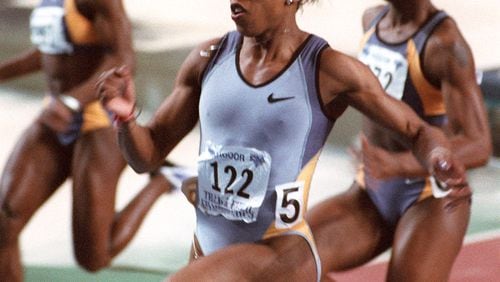 Gail Devers competes in the women's 60 meter dash at the US Indoor Track and Field Championships a few years ago in Atlanta.