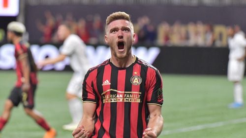 Atlanta United defender Julian Gressel (24) reacts after he scored in the first half during Eastern Conference semifinals Oct. 24, 2019, at Mercedes-Benz Stadium in Atlanta.