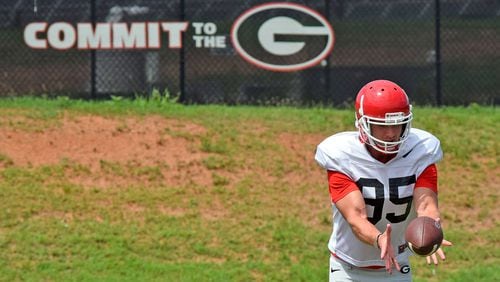 Georgia punter Marshall Long (95) during the Bulldogs' practice in Athens.