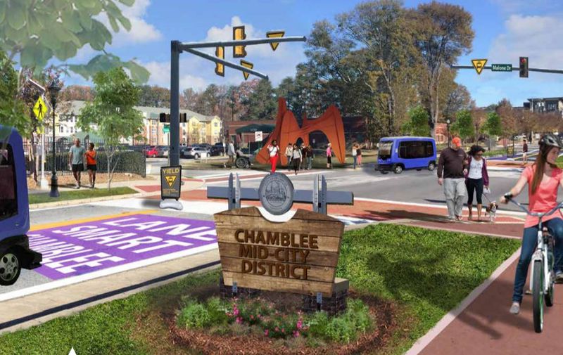 A conceptual rendering of what Peachtree Road in Chamblee could look like with self-driving shuttles and an improved streetscape.