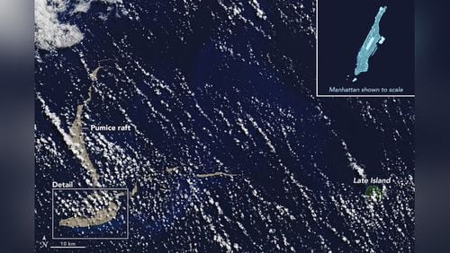 On August 13, 2019, the Operational Land Imager on Landsat 8 acquired natural-color imagery of a vast pumice raft floating in the tropical Pacific Ocean in the Kingdom of Tonga. NASA’s Terra satellite detected the mass of floating rock on August 9.