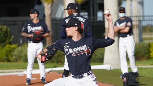 Braves pitcher Max Fried prepares to deliver a pitch during training Thursday, Feb. 18, 2021, at the team's facility in North Port, Fla.