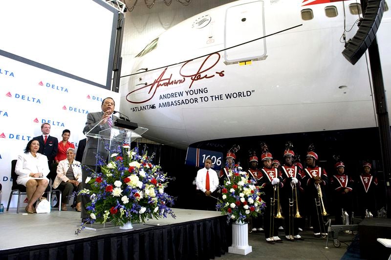 Delta Air Lines dedicated a Boeing 767-300ER to Andrew Young in 2012 to kick off his 80th birthday celebration. Young served on Delta's board from 1994-2004. Other Atlantans receiving this honor include Joseph Lowery, Bobby Cox, Chipper Jones and Hank Aaron. (Delta Air Lines)
