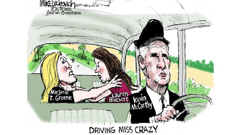 Editorial cartoon about the dispute between Georgia Rep. Marjorie Taylor Greene and Colorado Rep. Lauren Boebert. From Mike Luckovich, The Atlanta Journal-Constitution. Caption: Driving Miss Crazy