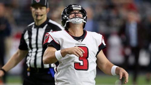 Atlanta Falcons kicker Matt Bryant (3) reacts to missing the point after against the Arizona Cardinals late in the fourth quarter Sunday, Oct. 13, 2019, in Glendale, Ariz.