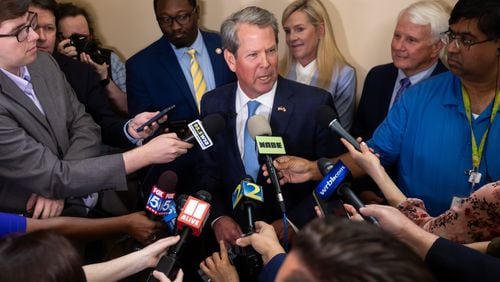 Gov. Brian Kemp answers questions from the media on Tuesday after he signed a $36.1 billion budget for fiscal 2025, which begins July 1. (John Spink/AJC)