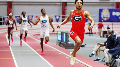 Christopher Morales Williams, a sophomore at the University of Georgia, clocked 44.49 seconds in the 400-meter run at the SEC Indoor Track and Field Championships on Saturday, Feb. 24, 2024, in Fayetteville, Ark. He won the SEC championship and set school, conference and collegiate records. (Photo by UGA Athletics)