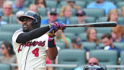 Brandon Phillips #4 of the Atlanta Braves hits a third inning two-run home run against the Milwaukee Brewers at SunTrust Park on June 24, 2017 in Atlanta, Georgia. (Photo by Scott Cunningham/Getty Images)
