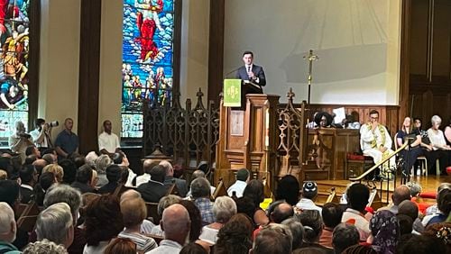 U.S. Sen. Jon Ossoff addresses a crowd at Mulberry Street United Methodist Church in Macon after an antisemitic attack targeted a nearby synagogue. 