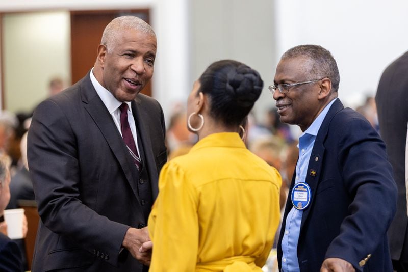 Robert F. Smith (left), founder and CEO of Vista Equity Partners, is seen at a Rotary Club of Atlanta event at the Loudermilk Conference Center in Atlanta on Monday, April 1, 2024. (Arvin Temkar / arvin.temkar@ajc.com)