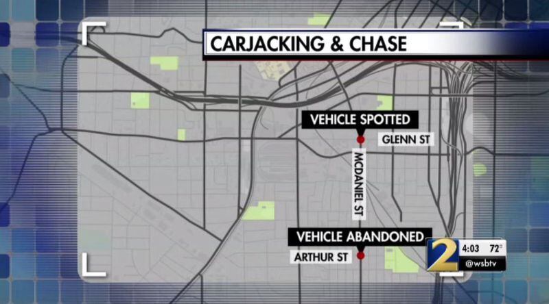 Police are searching for a man suspected of carjacking a white Nissan sedan in Cobb County and then leading officers on a chase through a southwest Atlanta neighborhood.