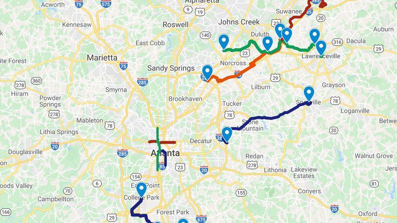 Map of planned bus rapid transit lines in metro Atlanta.