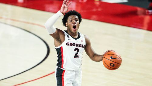 Georgia's Sahvir Wheeler (2) scored a career-high 27 points on the road against Florida Saturday but was unable to lift the Bulldogs to victory. (Tony Walsh/UGA Athletics)