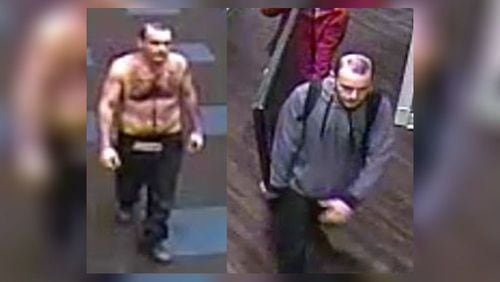 The shirtless man on the left is wanted in connection with the theft of a television from a Gwinnett County apartment complex gym. By the time he swiped the TV, he’d put on a gray sweatshirt, police said.