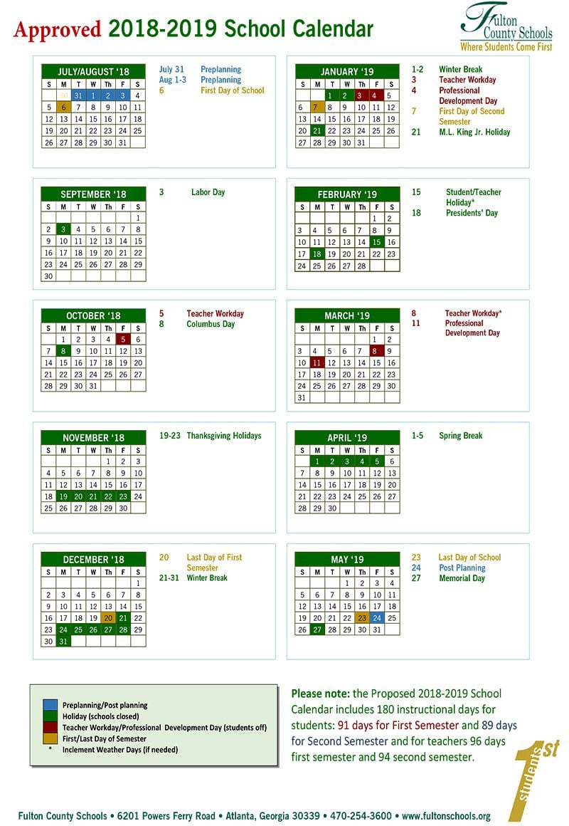2018-19 Yearly School Calendar
