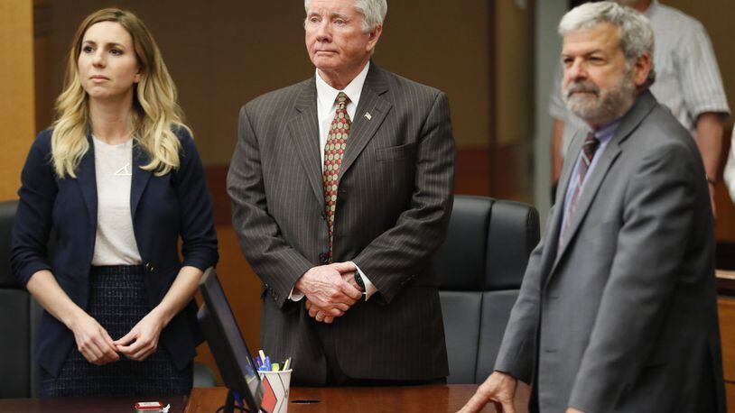 4/20/18 - Atlanta - Tex McIver stands with attorneys Amanda Clark Palmer (left) and Don Samuel to face the jury as they concluded their fourth day of deliberations today during the Tex McIver murder trial at the Fulton County Courthouse and will resume on Monday. Bob Andres bandres@ajc.com