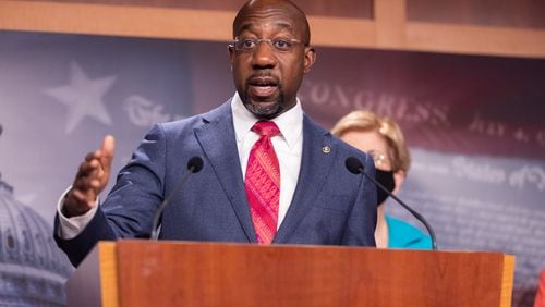 U.S. Sen. Raphael Warnock, D-Ga., speaks at a news conference on Medicaid expansion with other Democratic lawmakers on Capitol Hill in Washington, DC on September 23rd, 2021.