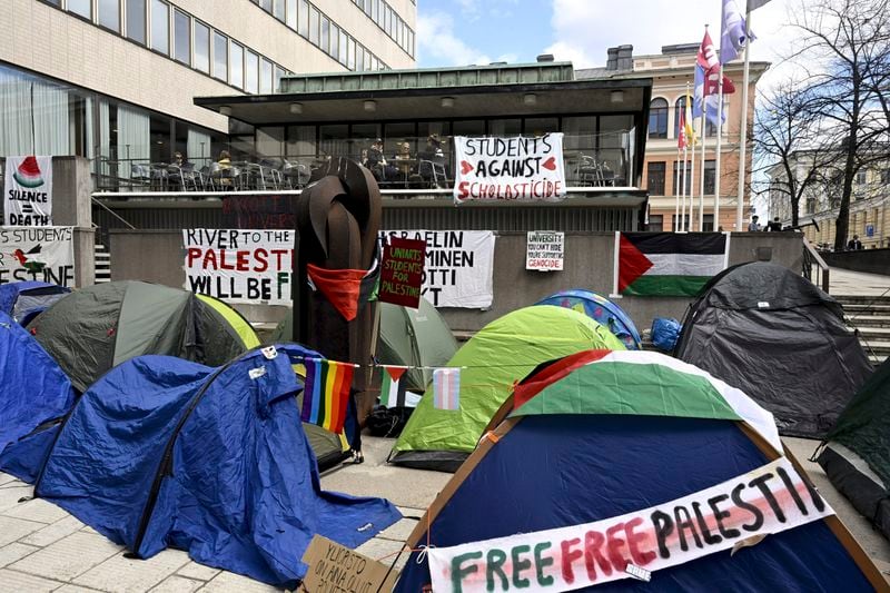 Students demonstrate supporting Palestinians, camping outside the Helsinki University in Helsinki, Finland, Tuesday May 7, 2024. (Markku Ulander/Lehtikuva via AP)