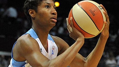 May 30, 2014 Atlanta: Atlanta Dream's Angel McCoughtry shoots against Seattle Storm at Phillips Arena Friday May 31, 2014. BRANT SANDERLIN /BSANDERLIN@AJC.COM . The only kind of shot I want to experience at Philips Arena. (BRANT SANDERLIN /BSANDERLIN@AJC.COM)