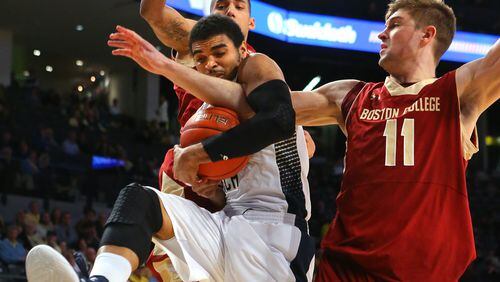Georgia Tech forward Robert Sampson, left, wins the rebound battle with Boston College forward Will Magarity under the basket during an NCAA college basketball game on Sunday, Jan. 25, 2015, in Atlanta. (AP Photo/Atlanta Journal-Constitution, Curtis Compton) MARIETTA DAILY OUT; GWINNETT DAILY POST OUT; LOCAL TV OUT; WXIA-TV OUT; WGCL-TV OUT Georgia Tech forward Robert Sampson started just his second game of the season. He tied his season-high with nine rebounds, but scored only two points. (AJC photo by Ken Sugiura)