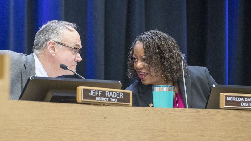 DeKalb Commissioner Jeff Rader, left, has argued that a legislative proposal to delay pay raises for commissioners until after their current terms expire unfairly affects the three woman on the board, including Mereda Davis Johnson. AJC file photo. ALYSSA POINTER/ALYSSA.POINTER@AJC.COM