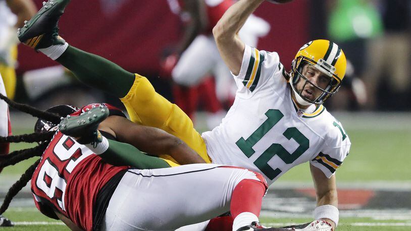 October 30, 2016 ATLANTA: Falcons defensive end Adrian Clayborn sacks Packers quarterback Aaron Rodgers during the third quarter in an NFL football game on Sunday, Oct. 30, 2016, in Atlanta. Curtis Compton /ccompton@ajc.com