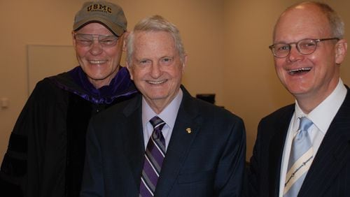 James Carvile (left),  Zell Miller and Keith Mason  at Young Harris College in 2015, where Carville addressed that year's graduates. Photo courtesy of Keith Mason