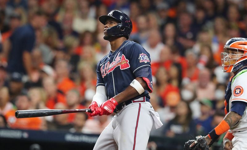 Atlanta Braves designated hitter Jorge Soler leads off Game 1 with a solo home run against the Houston Astros during the first inning of the World Series on Tuesday, Oct. 26, 2021, in Houston. (Curtis Compton/Atlanta Journal-Constitution/TNS)