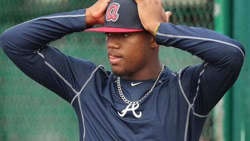 Ronald Acuna had a seven-game hitting streak snapped Thursday but showed off another of his tools -- outstanding defense.    (Curtis Compton/ccompton@ajc.com)
