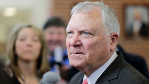 May 2, 2016 - Buford - Gov. Nathan Deal evaded questions related to campus carry legislation as he spoke with the media after he signed next year's budget at Lanier High School in Buford. The state budget includes the first major pay raises for 200,000 teachers and state employees since before the Great Recession. BOB ANDRES / BANDRES@AJC.COM