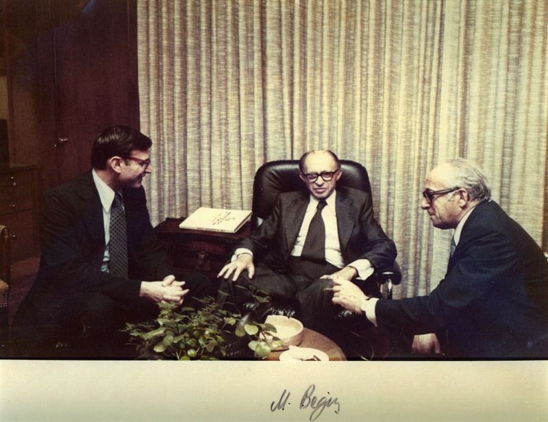 President Jimmy Carter's Chief Domestic Policy Adviser Stuart Eizenstat (left) and Menachem Begin (center).
Courtesy of Stuart Eizenstat