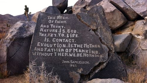 Visitors to Joshua Tree National Park have a hard time finding the collection of boulders, Samuelson's Rocks, that Swedish immigrant John Samuelson carved anti-government and anti-religion messages into. Samuelson carved his thoughts on seven boulders in the late 1920s. (Sam McManis/Sacramento Bee/MCT)