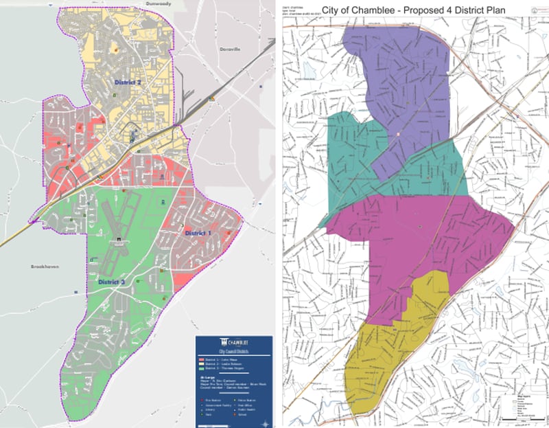 The map on the left is the current three City Council districts in Chamblee. The map on the right is the proposed four-district map.