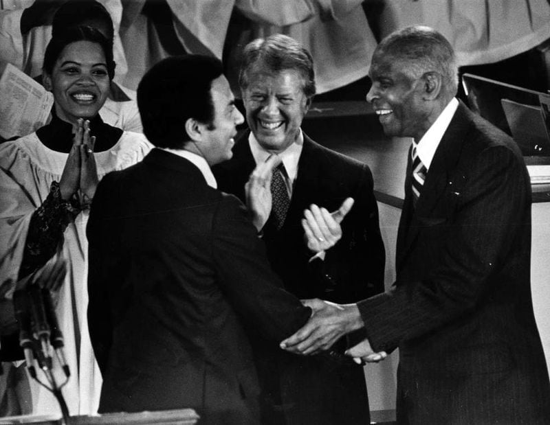 Andrew Young, President Jimmy Carter and Benjamin Mays during a ceremony in January 1979. (AJC file photo)