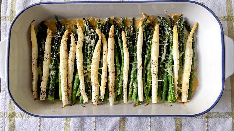 Roasted white and green asparagus with parmesan and romano. (Karen Kane/PIttsburgh Post-Gazette/TNS)