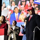 U.S. Rep. Marjorie Taylor Greene thanks former President Donald Trump during a rally for Georgia GOP candidates at the Banks County Dragway in Commerce in March 2022. Greene will headline a rally from Trump on Tuesday in New York City to coincide with his appearance in a Manhattan courtroom in connection with his indictment. (Hyosub Shin / Hyosub.Shin@ajc.com)