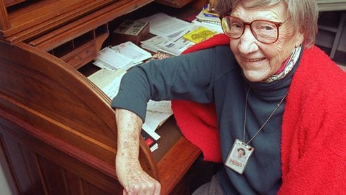 Celestine Sibley at her desk in November 1995. (AJC photo/Renee Hannans)