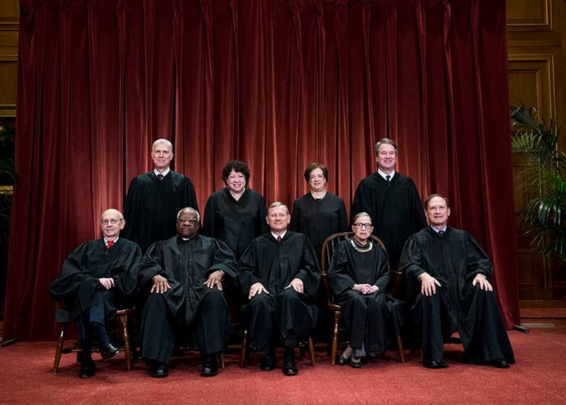 The justices of the U.S. Supreme Court on Nov. 30, 2018.  Front row, from left: Associate Justice Stephen Breyer, Associate Justice Clarence Thomas, Chief Justice John Roberts, Associate Justice Ruth Bader Ginsburg and Associate Justice Samuel Alito. Back row, from left: Associate Justice Neil Gorsuch, Associate Justice Sonia Sotomayor, Associate Justice Elena Kagan and Associate Justice Brett Kavanaugh.