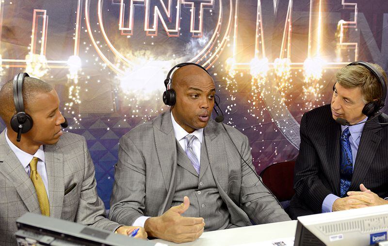 CLEVELAND, OH - OCTOBER 30: (L-R) TV analysts Reggie Miller, Charles Barkley and Marv Albert speak before a game between the Cleveland Cavaliers and the New York Knicks at Quicken Loans Arena on October 30, 2014 in Cleveland, Ohio. NOTE TO USER: User expressly acknowledges and agrees that, by downloading and or using this photograph, User is consenting to the terms and conditions of the Getty Images License Agreement. (Photo by Jason Miller/Getty Images) TNT analyst Charles Barkley - flanked by Reggie Miller (left) and Marv Albert - believes Nets could give the Hawks trouble, but Atlanta will defeat the Brooklyn in their first-round playoff series. (Jason Miller/Getty Images)