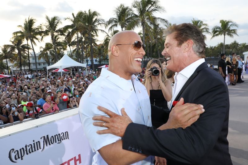  Dwayne "The Rock" Johnson and David Hasselhoff at the world premiere of Paramount Pictures film 'Baywatch." Photo by Alexander Tamargo/Getty Images for Paramount Pictures