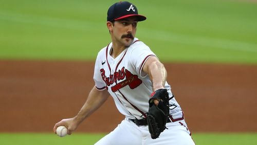 Atlanta Braves pitcher Spencer Strider delivers against the Los Angles Dodgers during the first inning in a MLB baseball game on Sunday, June 26, 2022, in Atlanta.  Curtis Compton / Curtis.Compton@ajc.com