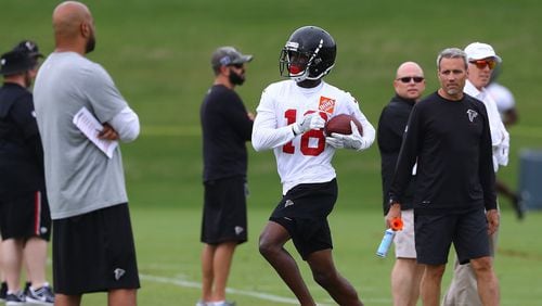 Atlanta Falcons wide receiver Calvin Ridley runs out of bounds after catching a bomb on the first day of mandatory minicamp on Tuesday, June 12, 2018, in Flowery Branch.  Curtis Compton/ccompton@ajc.com